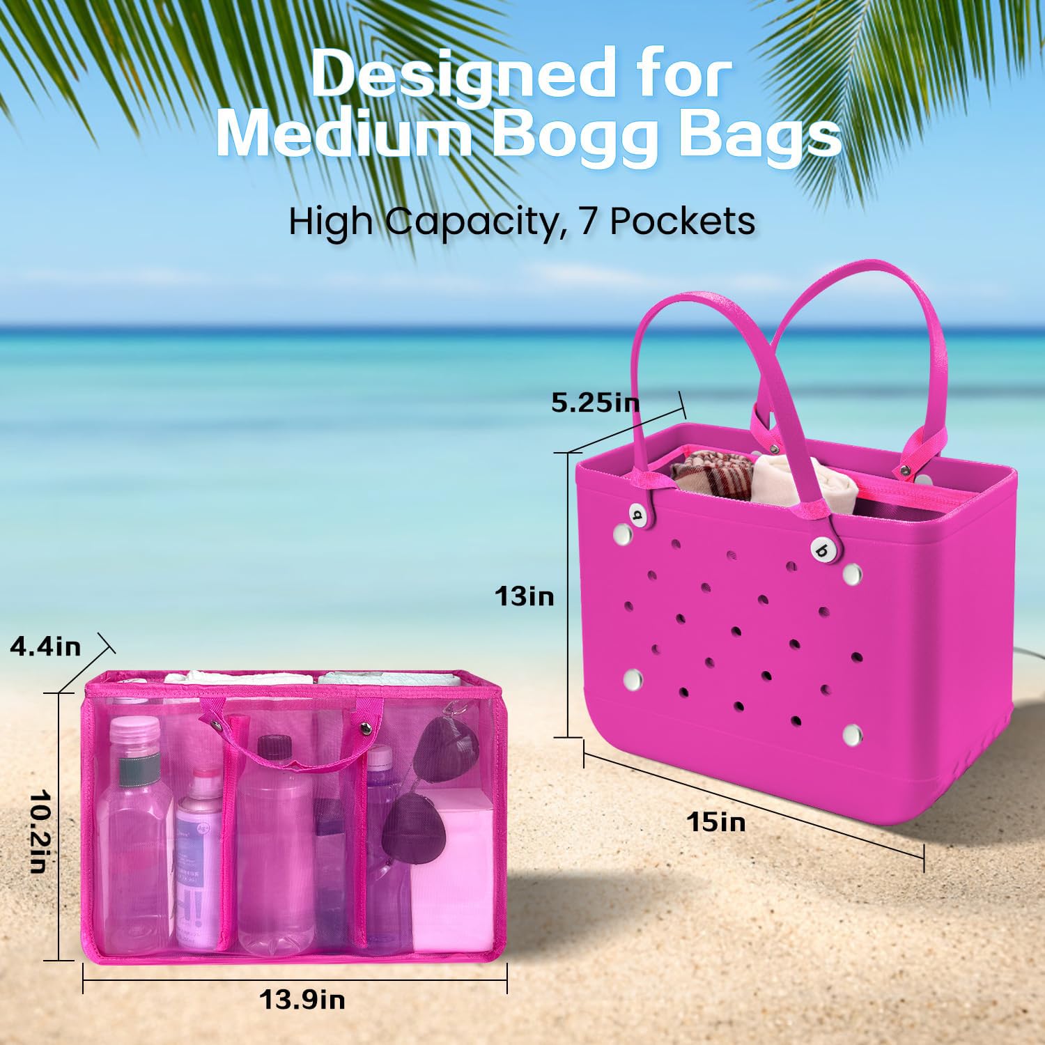 Beach Bag Organizer Insert with 8 Removable Metal Fasteners