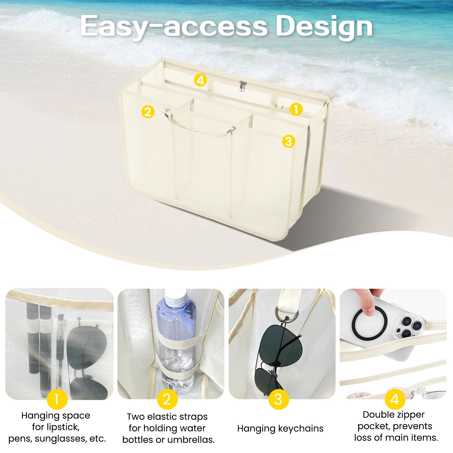 Beach Bag Organizer Insert with 8 Removable Metal Fasteners