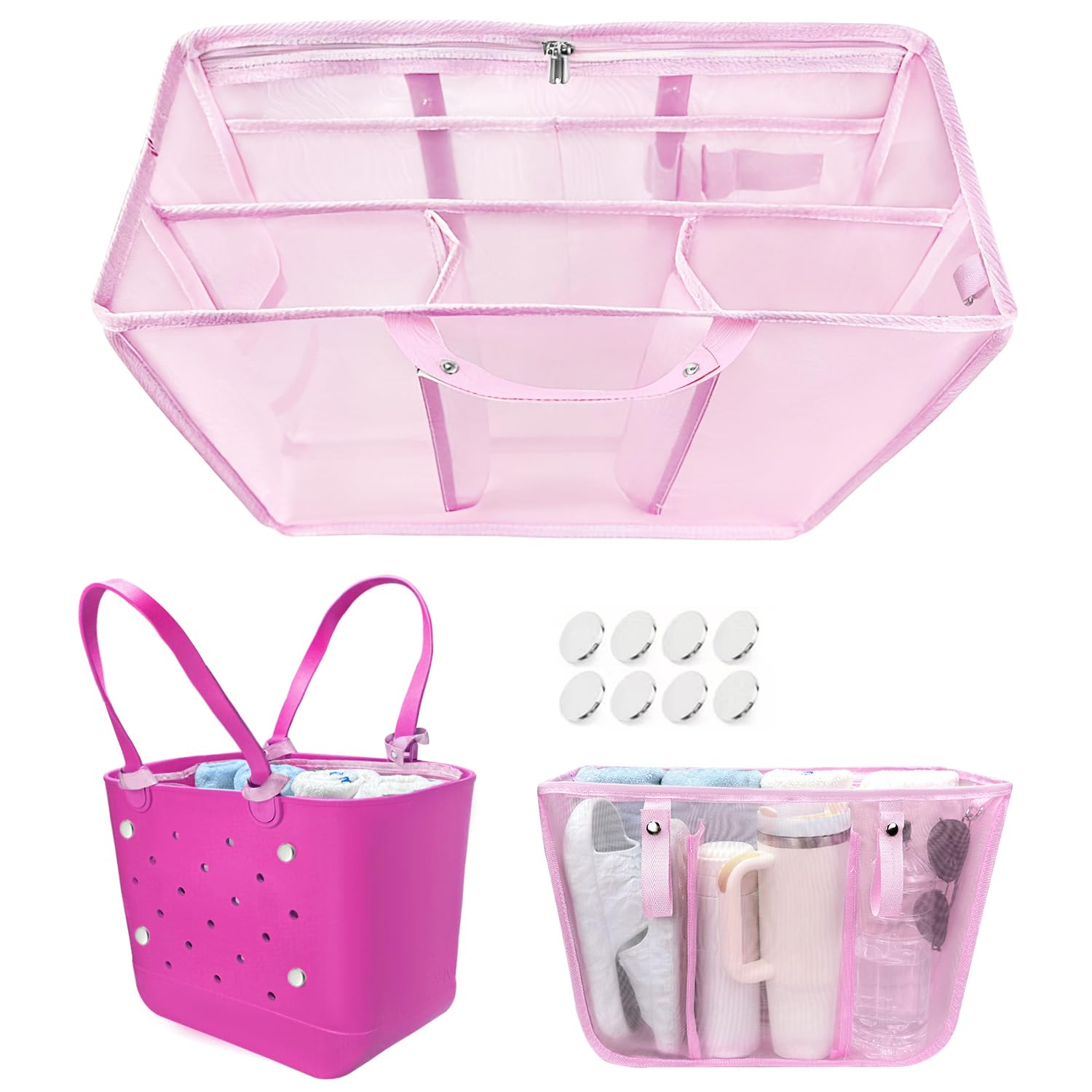 Beach Bag Organizer Insert with 8 Removable Metal Fasteners