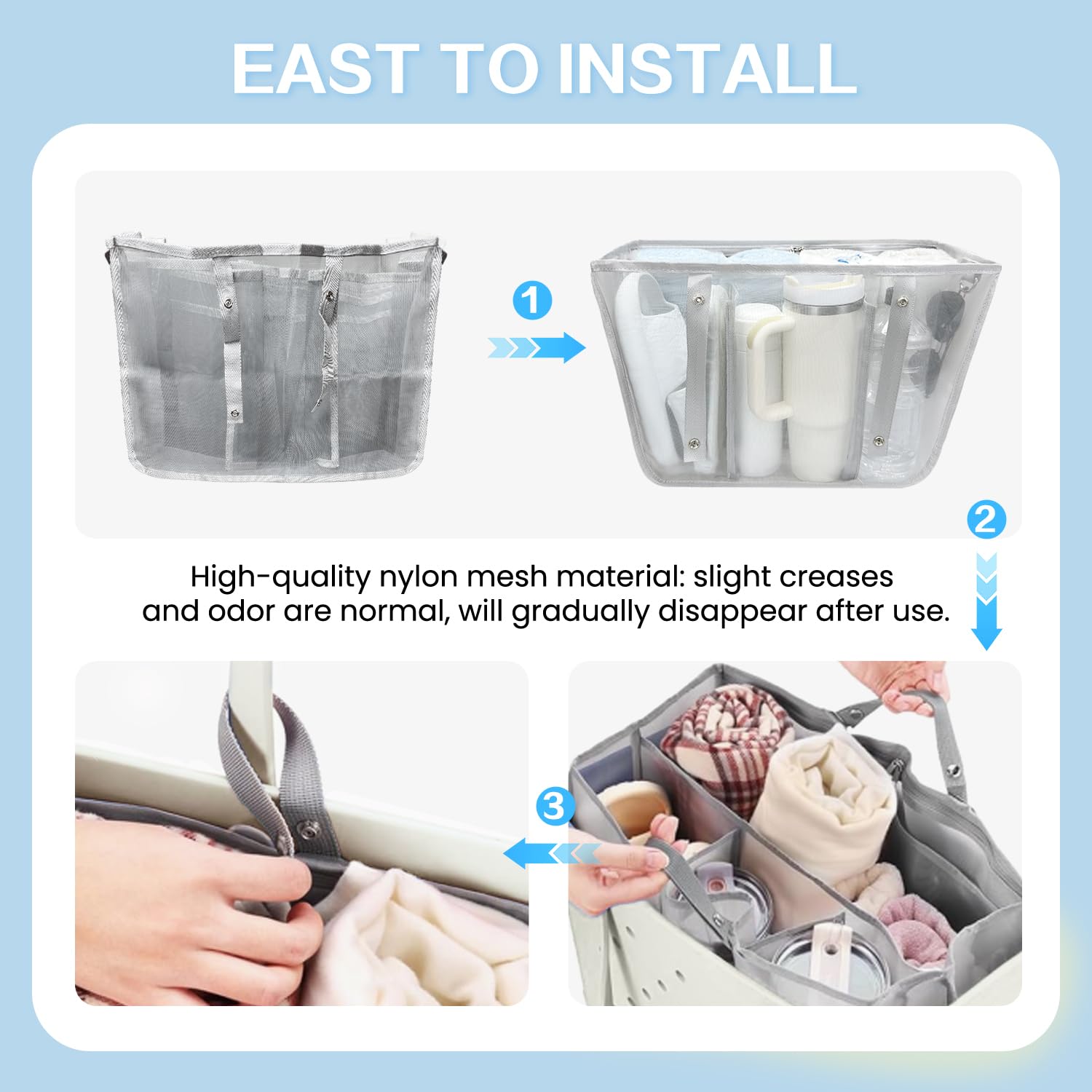 Beach Bag Organizer Insert with 8 Removable Metal Fasteners