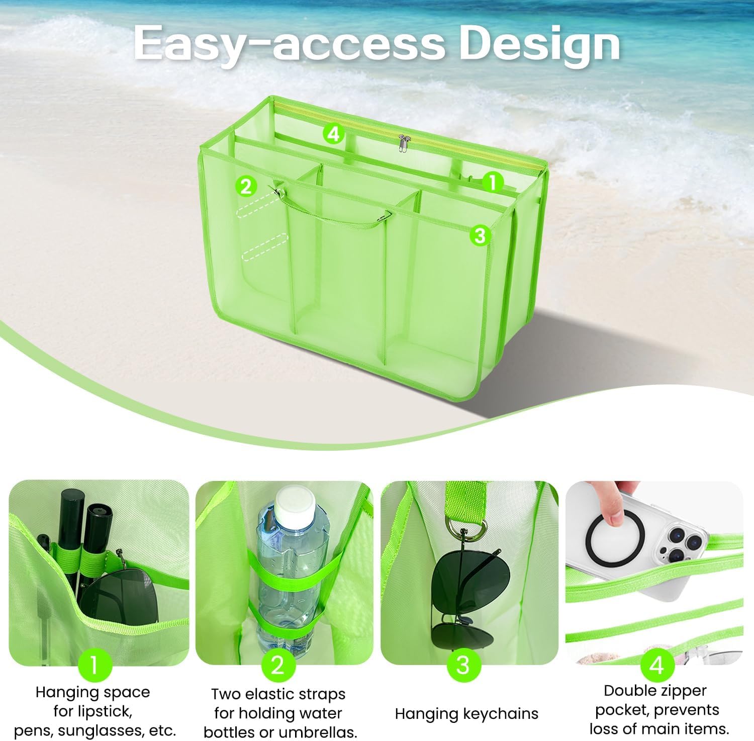 Beach Bag Organizer Insert with 8 Removable Metal Fasteners