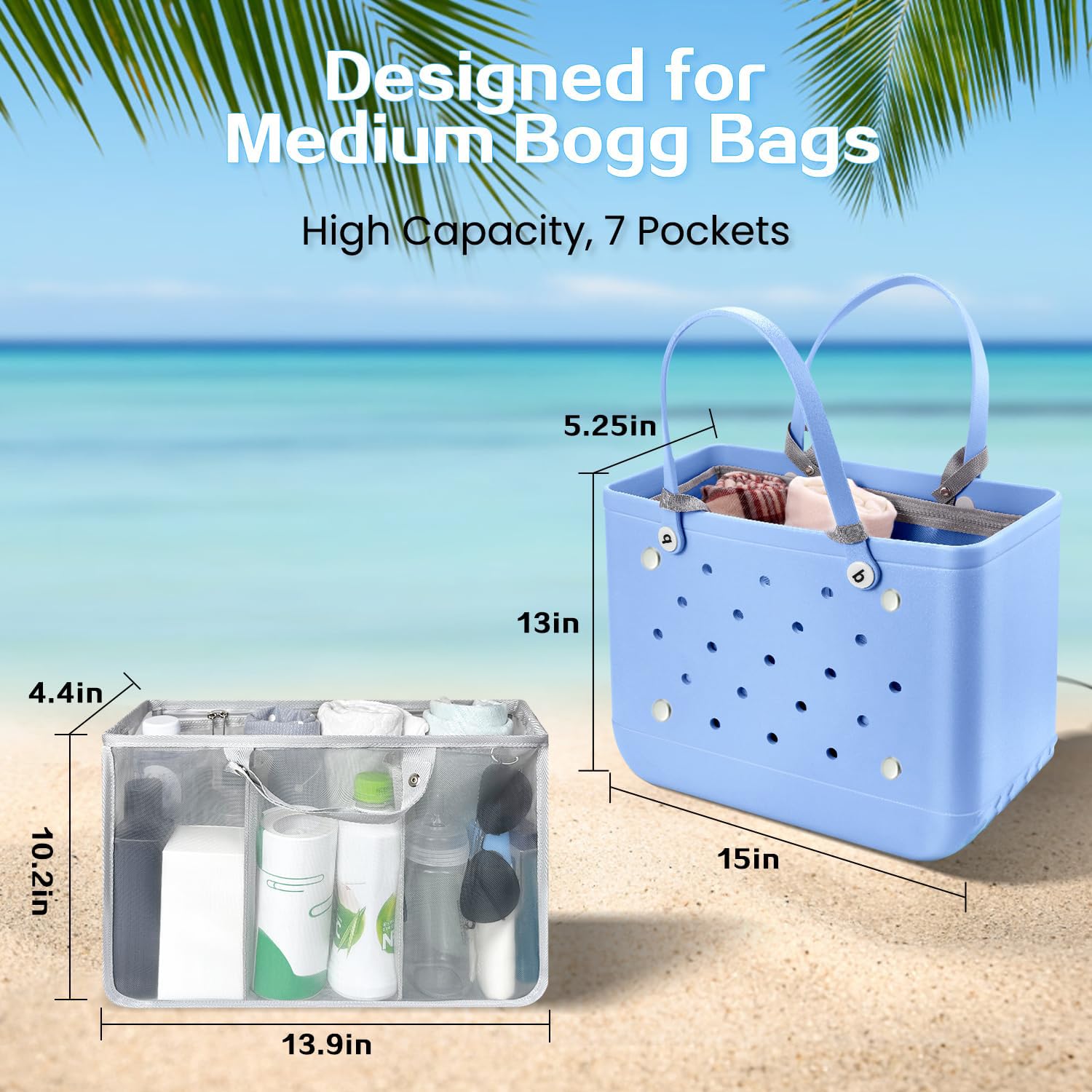 Beach Bag Organizer Insert with 8 Removable Metal Fasteners
