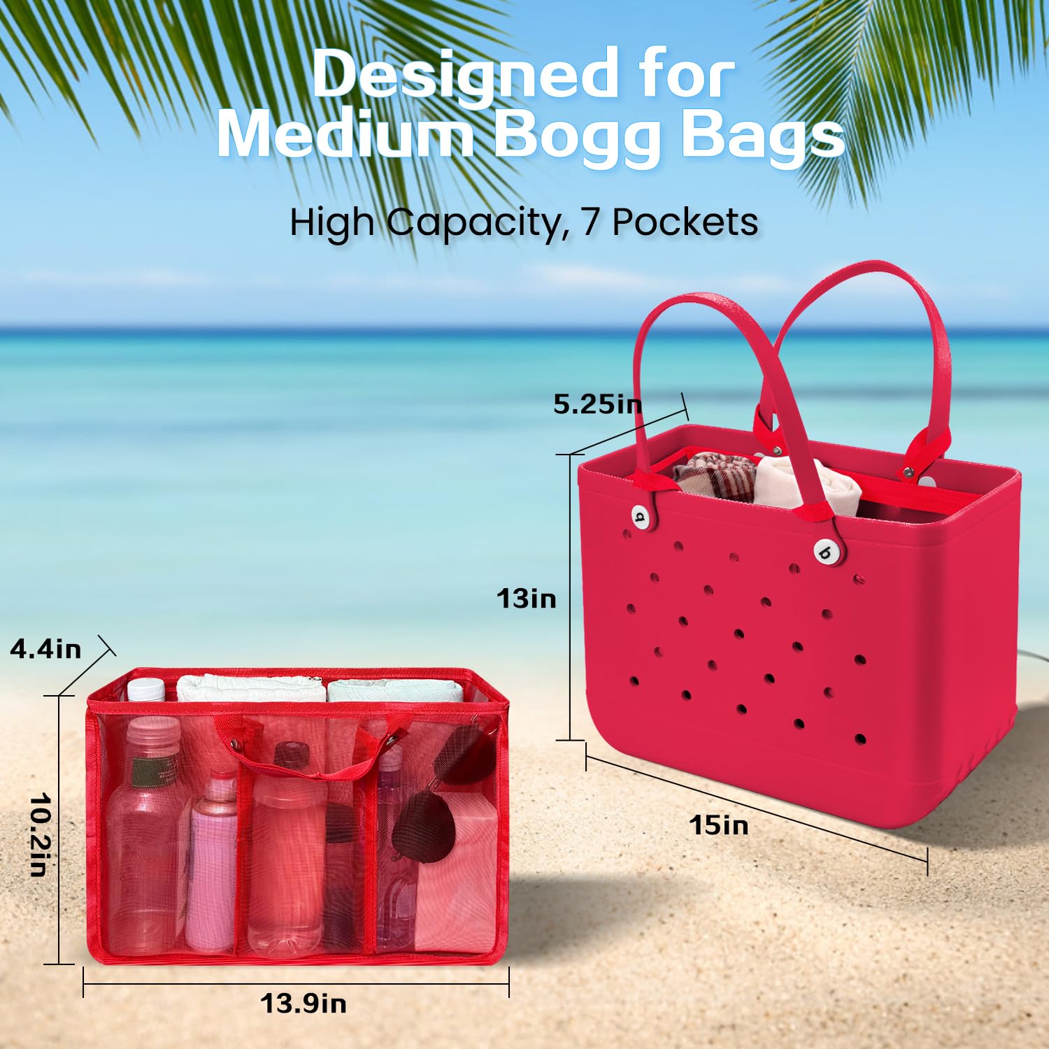 Beach Bag Organizer Insert with 8 Removable Metal Fasteners