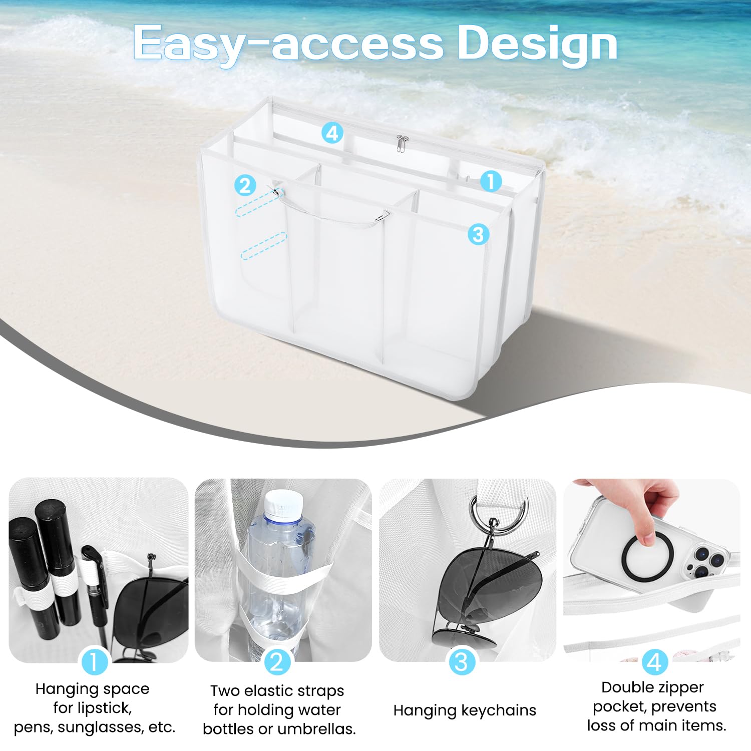 Beach Bag Organizer Insert with 8 Removable Metal Fasteners