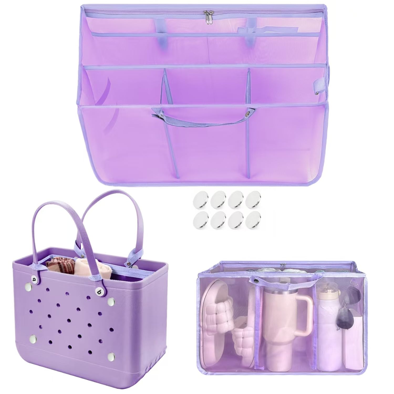 Beach Bag Organizer Insert with 8 Removable Metal Fasteners