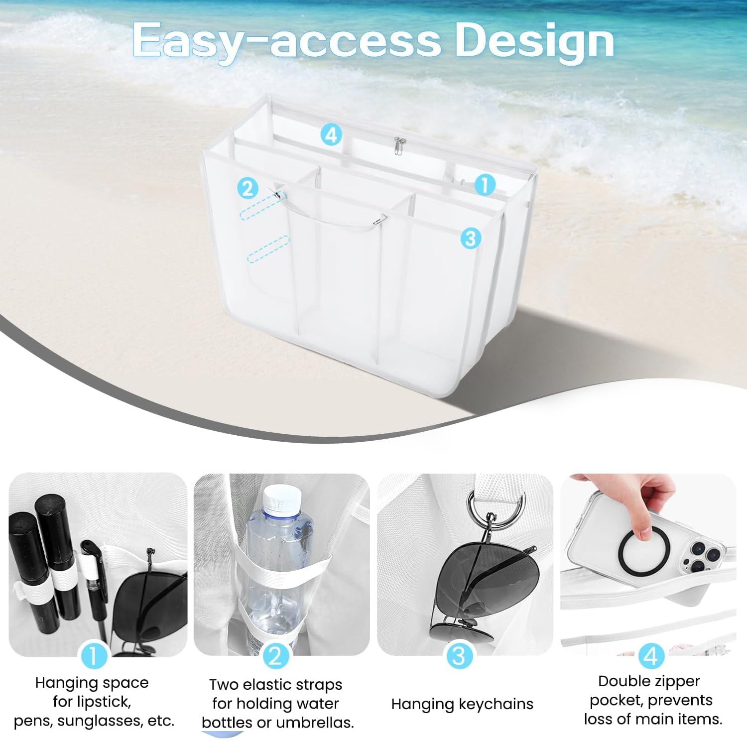Beach Bag Organizer Insert with 8 Removable Metal Fasteners