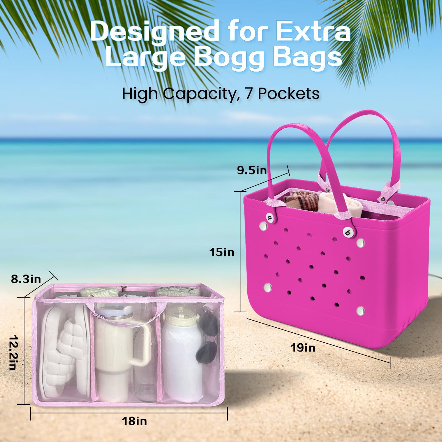 Beach Bag Organizer Insert with 8 Removable Metal Fasteners