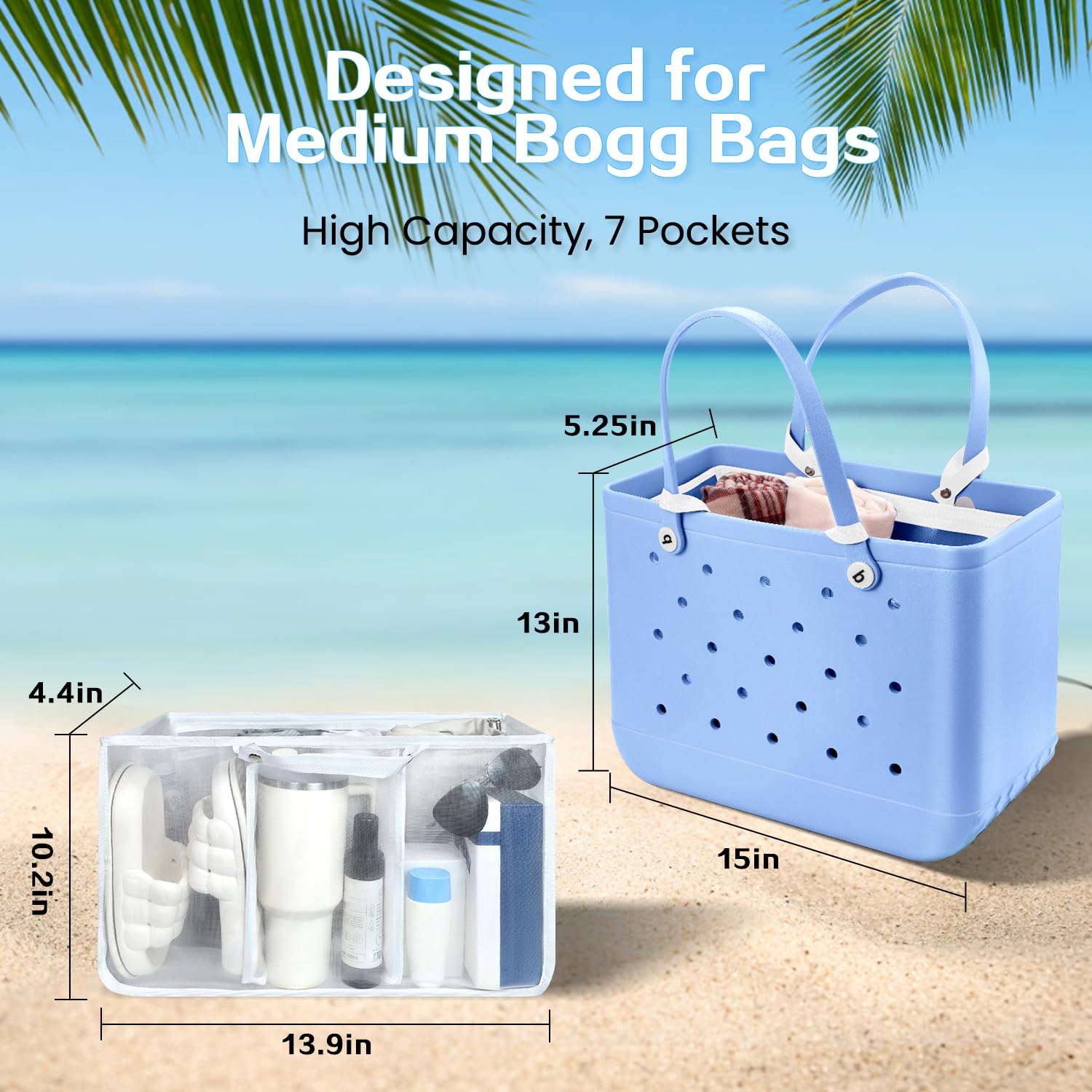 Beach Bag Organizer Insert with 8 Removable Metal Fasteners