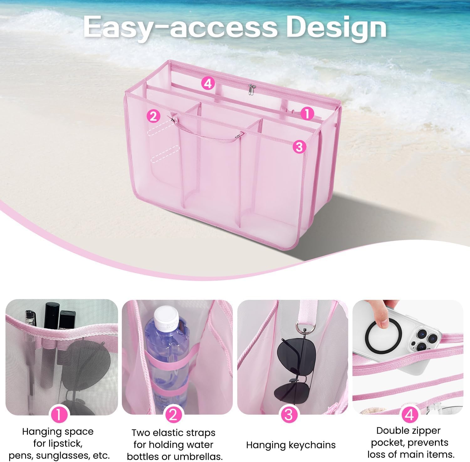 Beach Bag Organizer Insert with 8 Removable Metal Fasteners