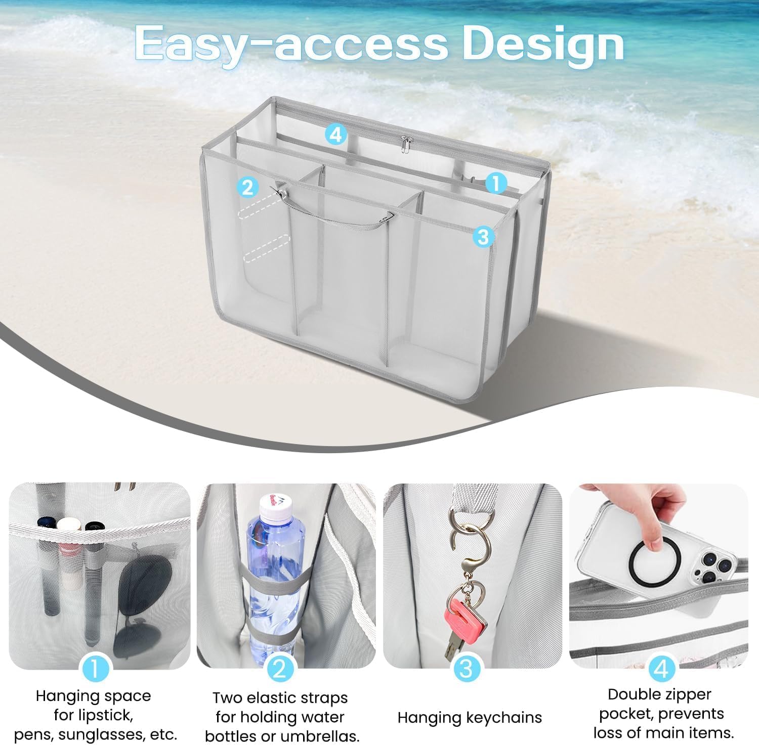 Beach Bag Organizer Insert with 8 Removable Metal Fasteners