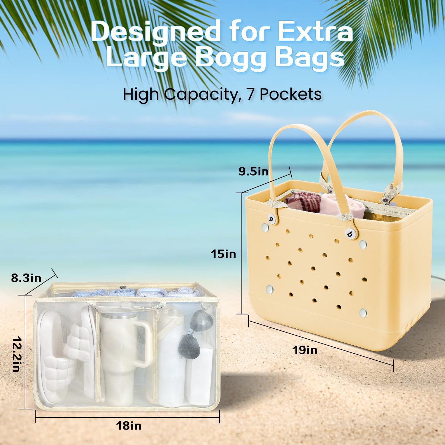 Beach Bag Organizer Insert with 8 Removable Metal Fasteners