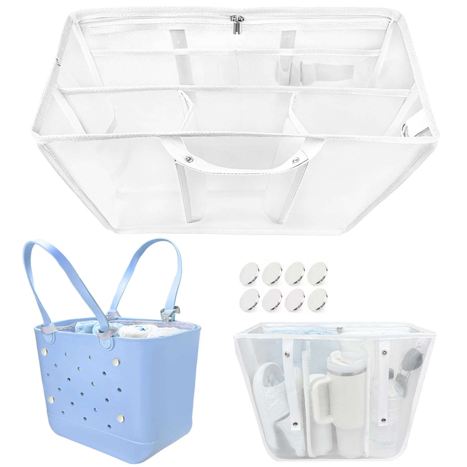 Beach Bag Organizer Insert with 8 Removable Metal Fasteners