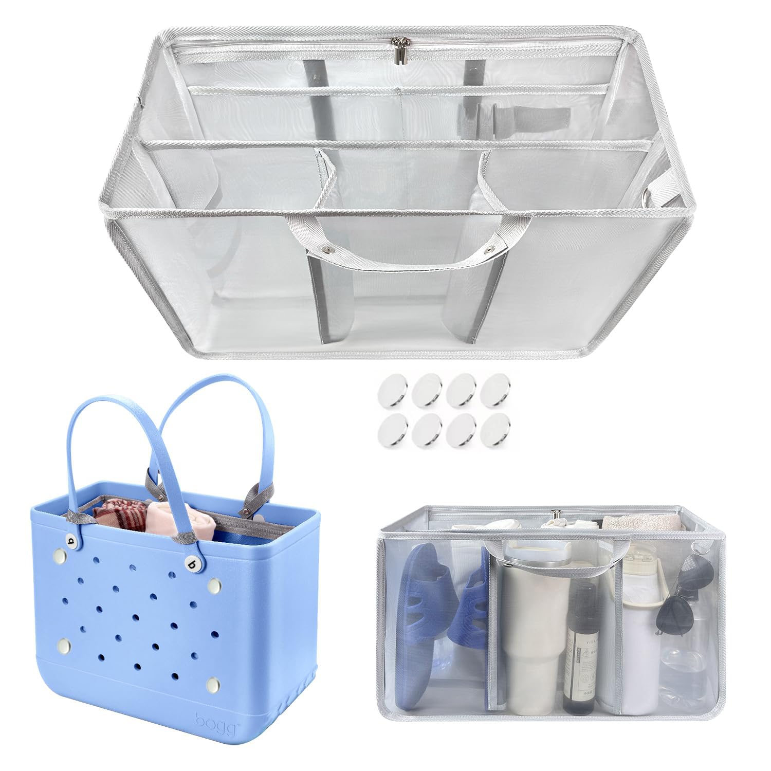 Beach Bag Organizer Insert with 8 Removable Metal Fasteners