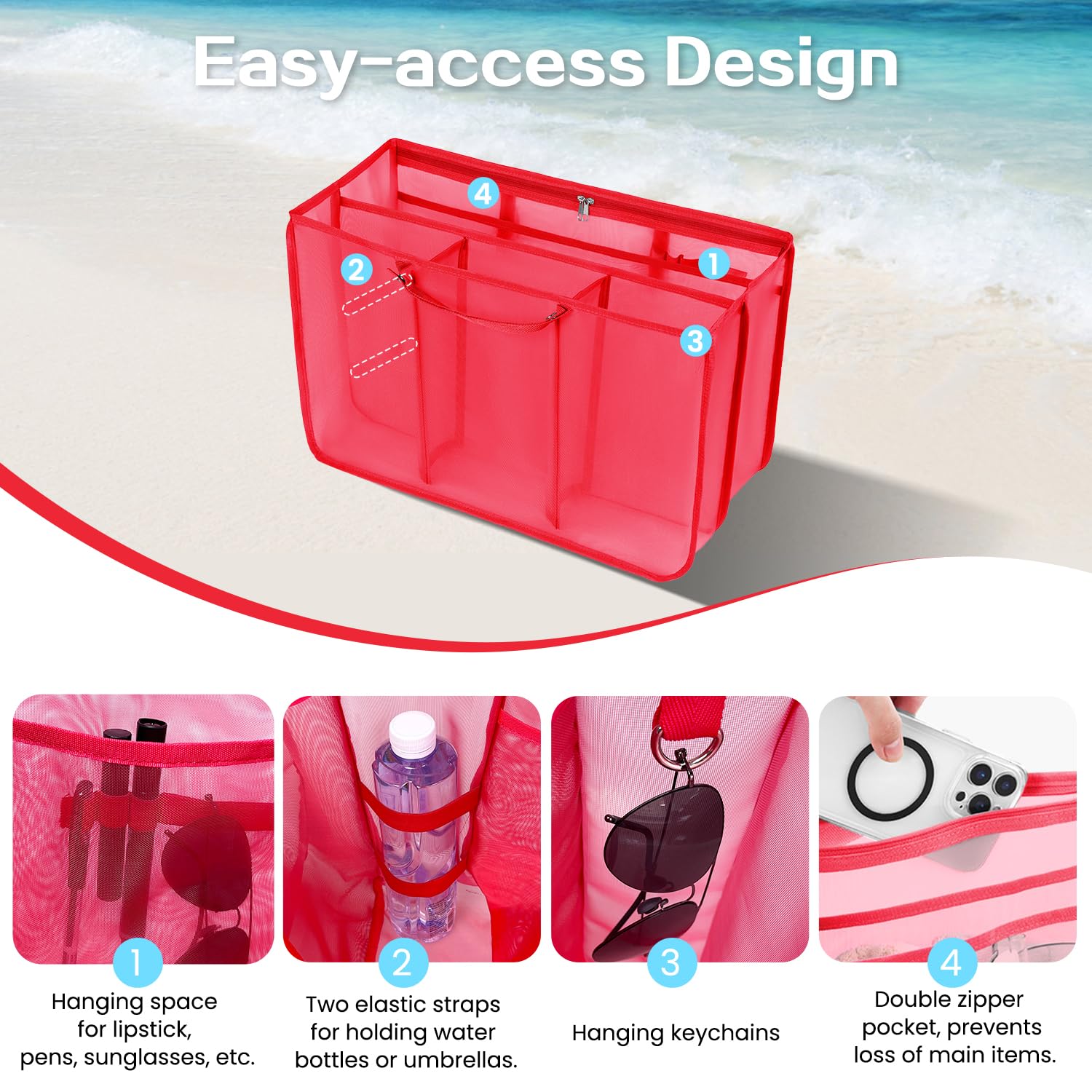 Beach Bag Organizer Insert with 8 Removable Metal Fasteners