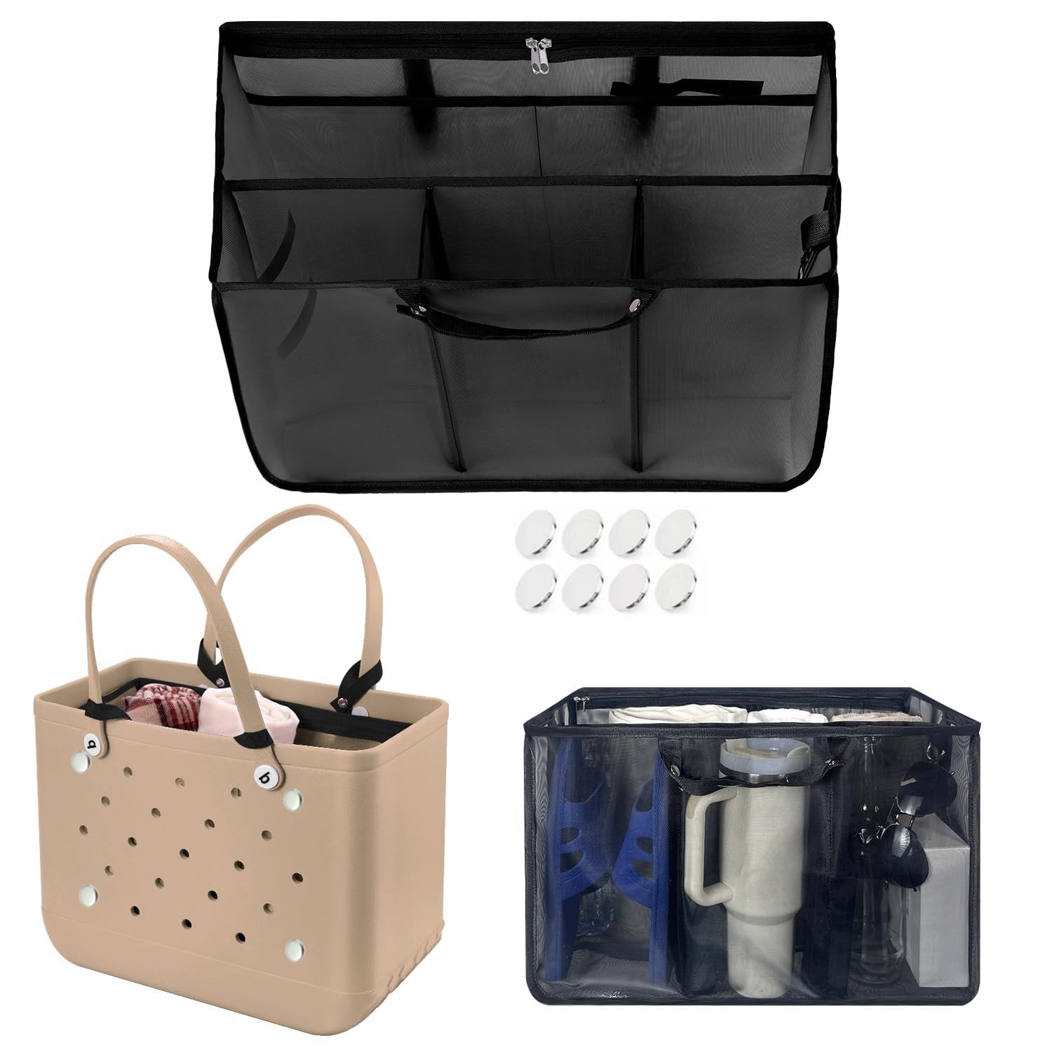 Beach Bag Organizer Insert with 8 Removable Metal Fasteners