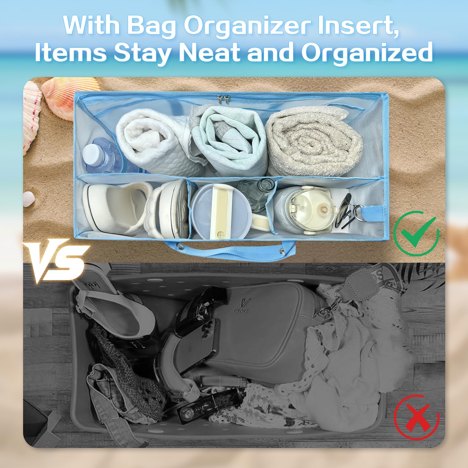 Beach Bag Organizer Insert with 8 Removable Metal Fasteners