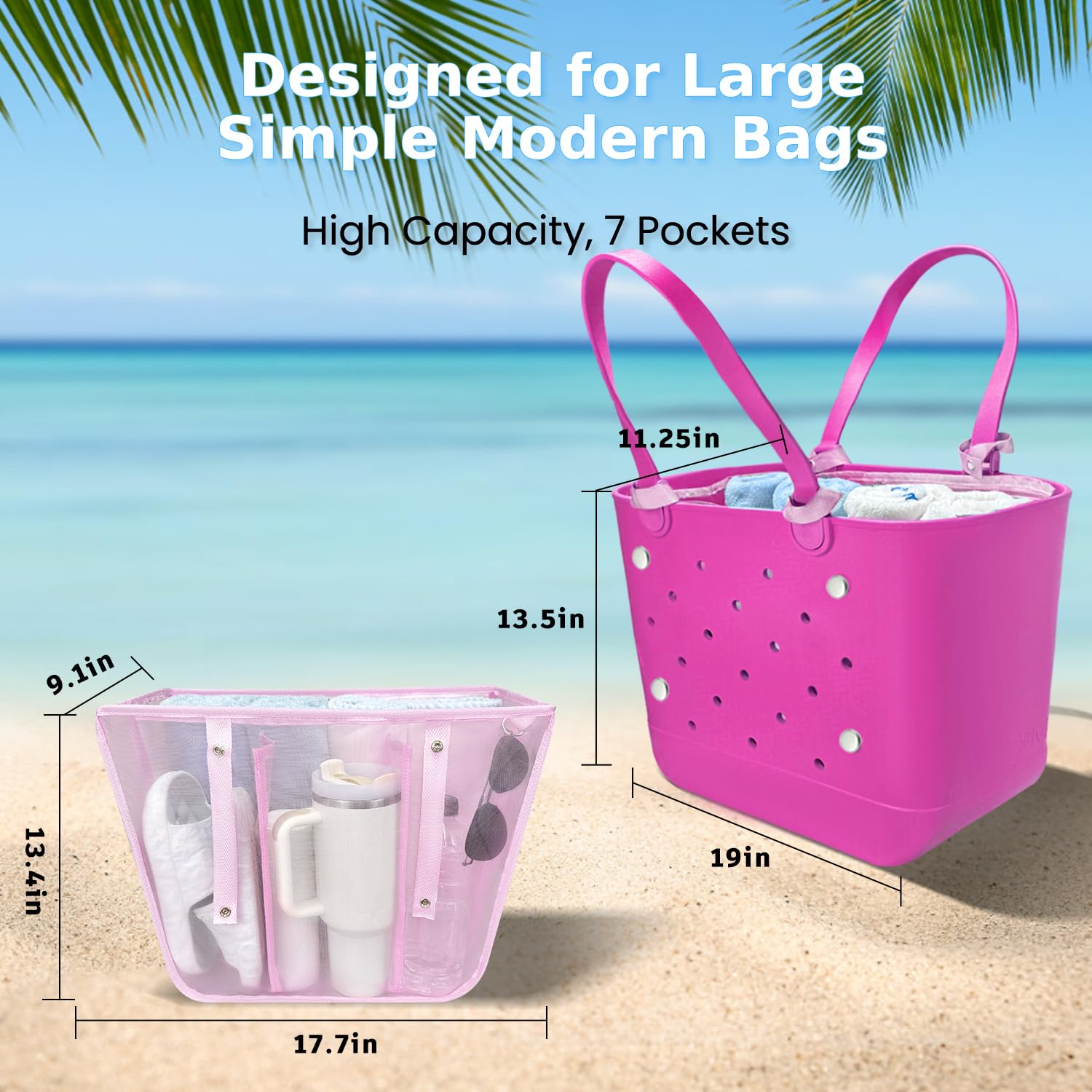 Beach Bag Organizer Insert with 8 Removable Metal Fasteners