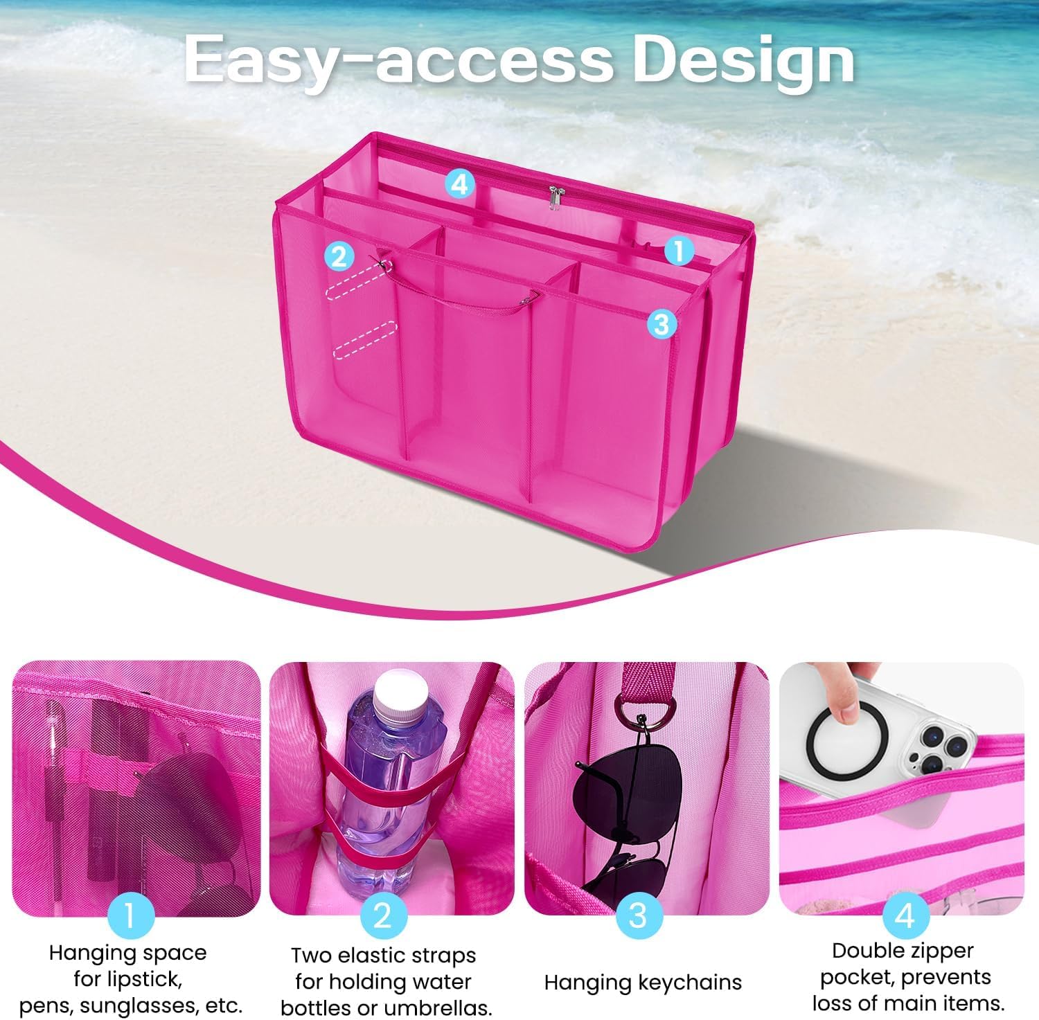 Beach Bag Organizer Insert with 8 Removable Metal Fasteners