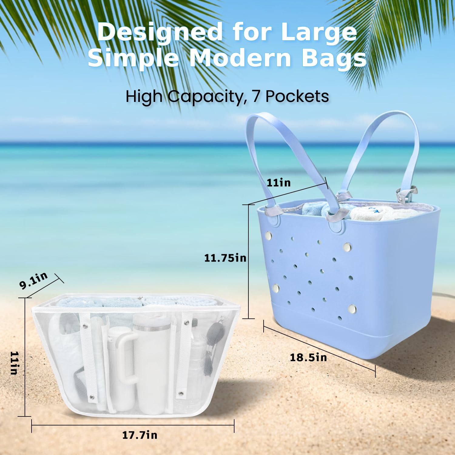 Beach Bag Organizer Insert with 8 Removable Metal Fasteners