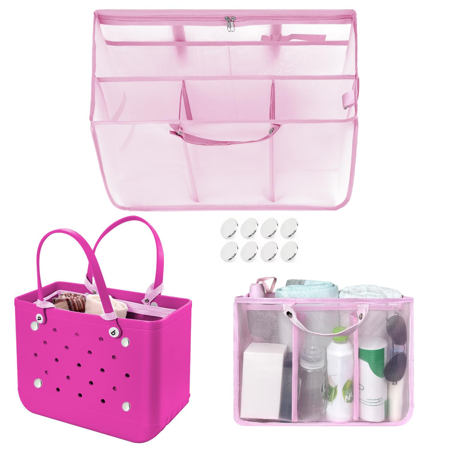 Beach Bag Organizer Insert with 8 Removable Metal Fasteners