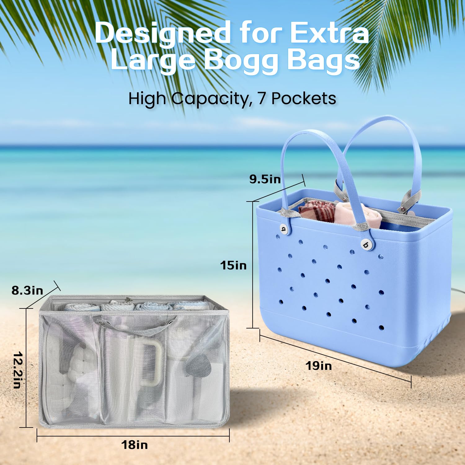 Beach Bag Organizer Insert with 8 Removable Metal Fasteners