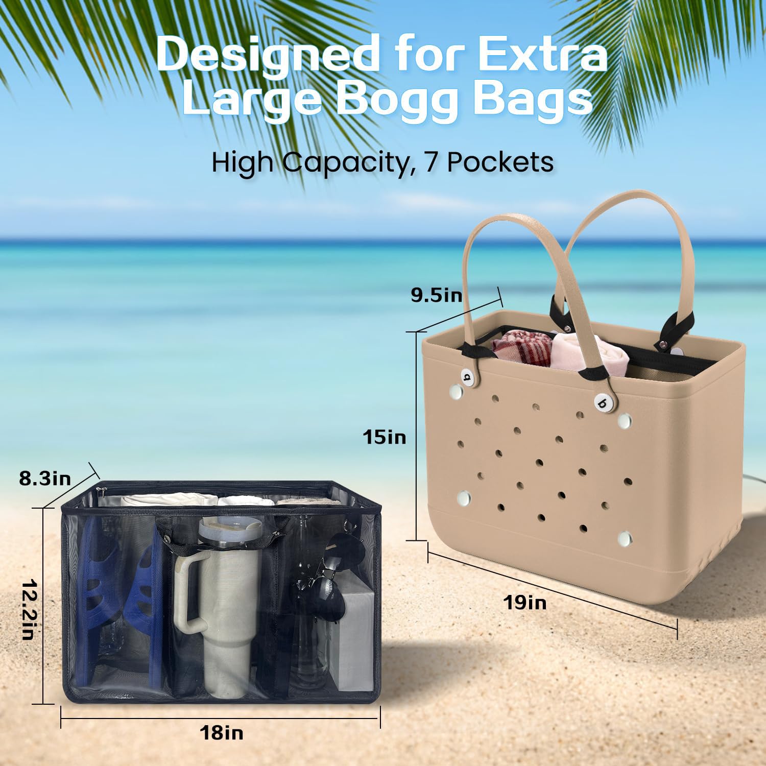 Beach Bag Organizer Insert with 8 Removable Metal Fasteners
