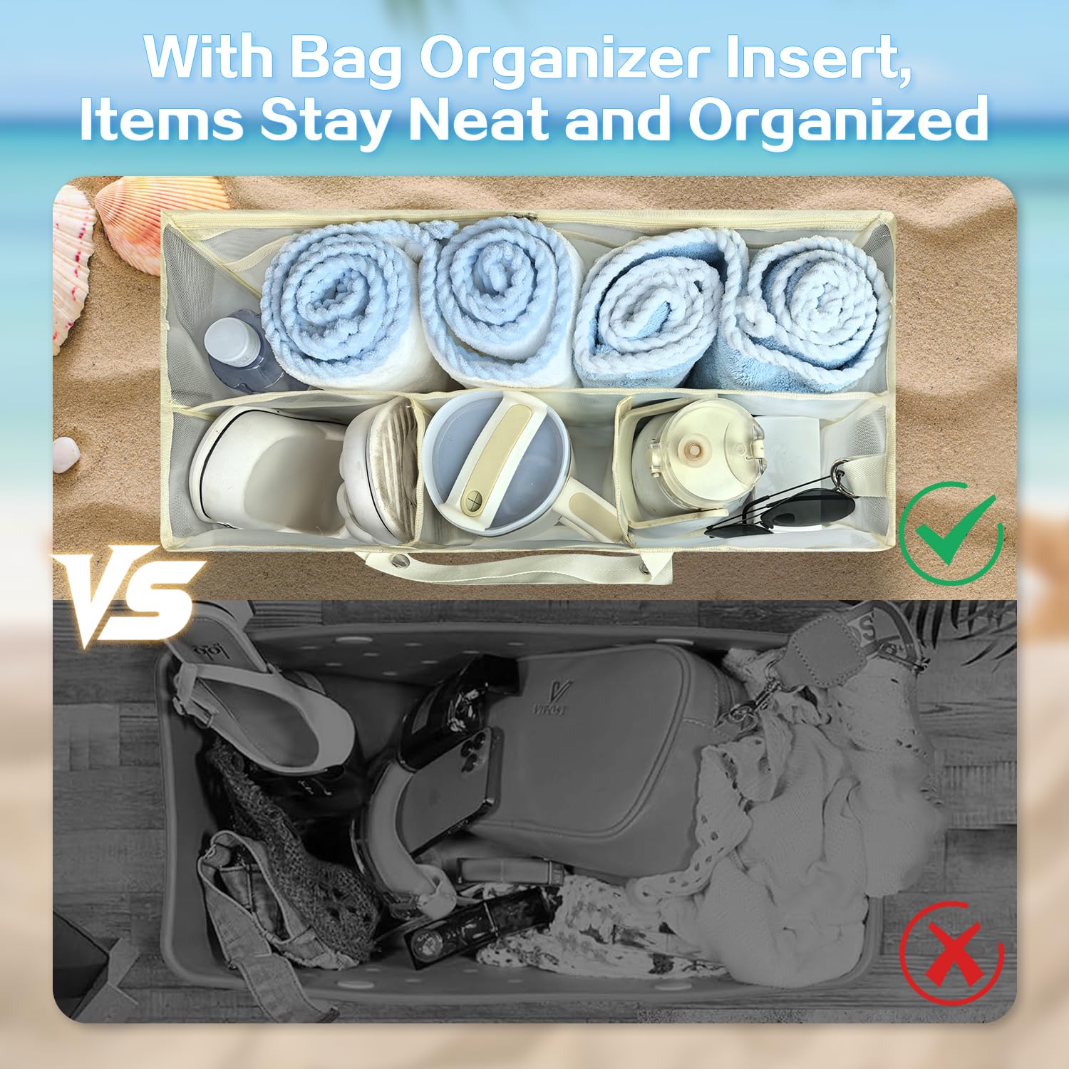 Beach Bag Organizer Insert with 8 Removable Metal Fasteners