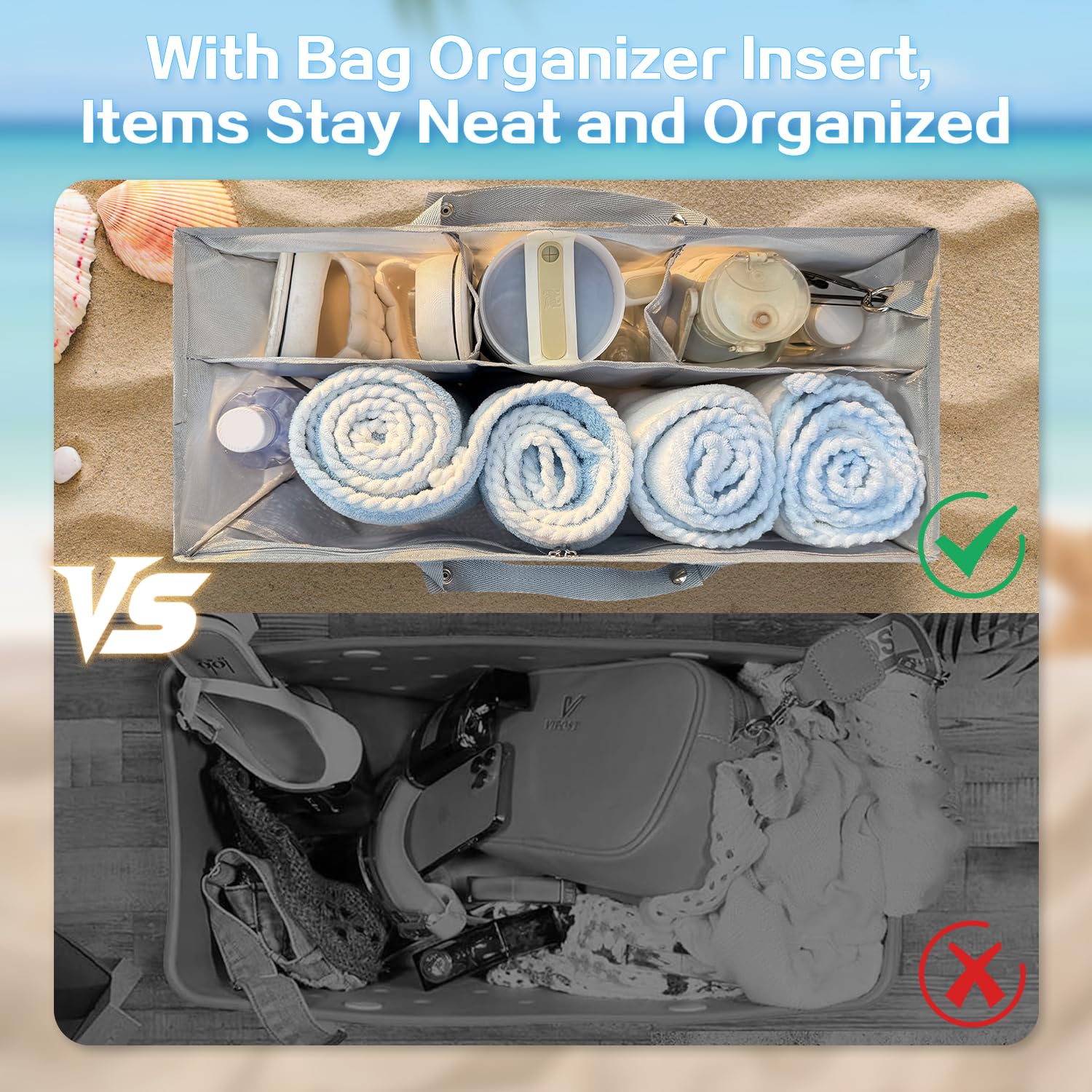 Beach Bag Organizer Insert with 8 Removable Metal Fasteners