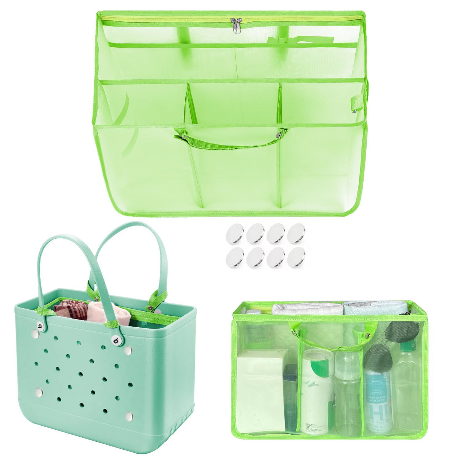 Beach Bag Organizer Insert with 8 Removable Metal Fasteners