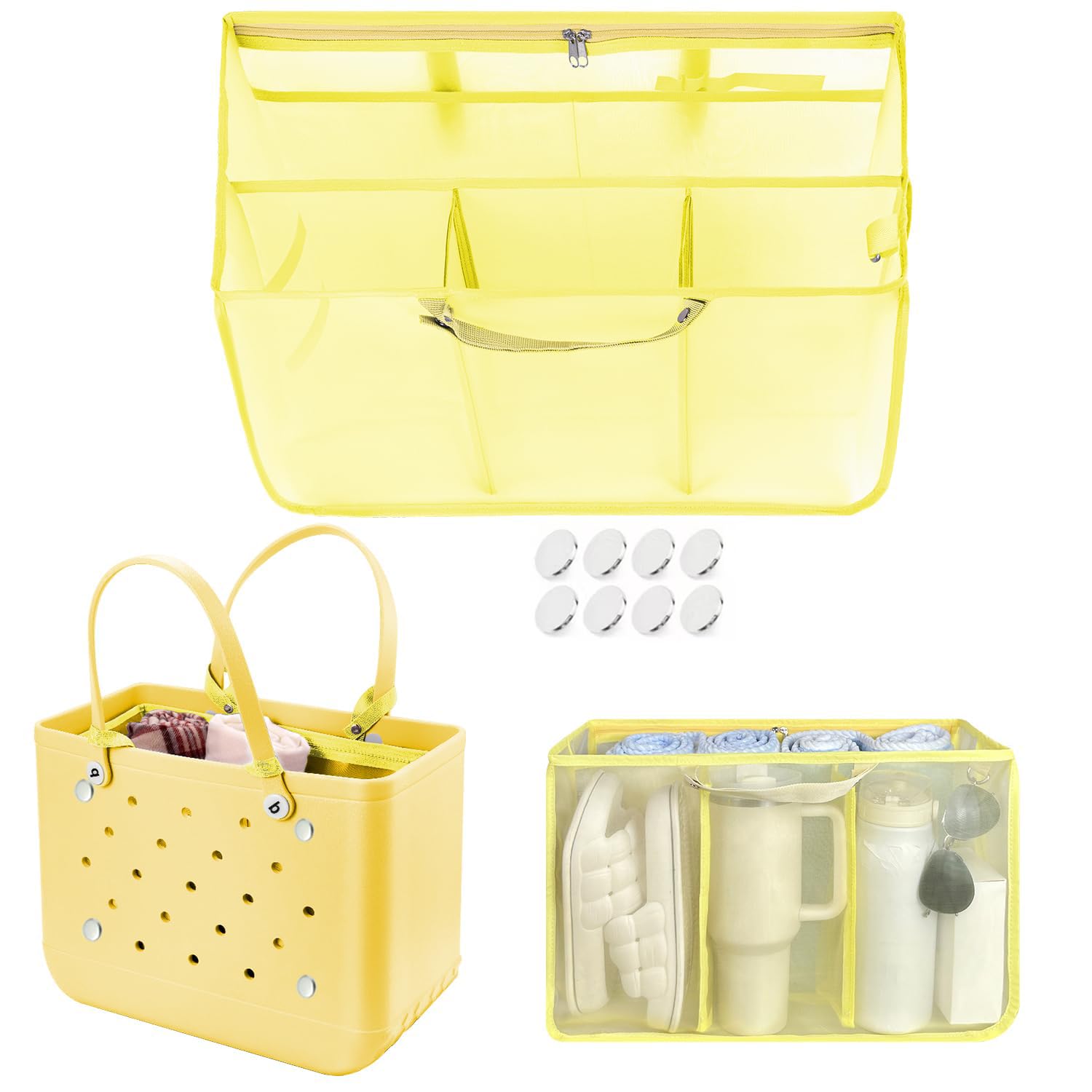 Beach Bag Organizer Insert with 8 Removable Metal Fasteners