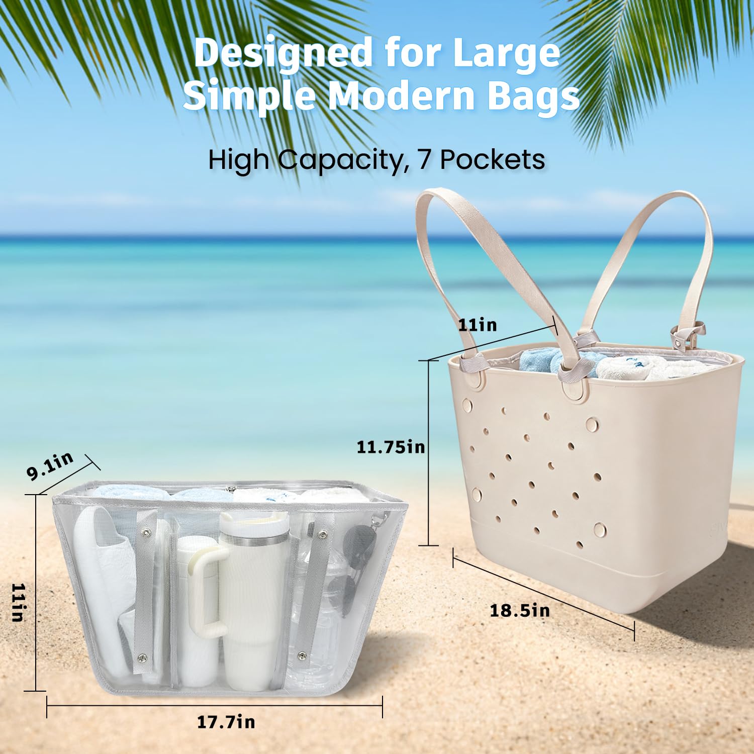 Beach Bag Organizer Insert with 8 Removable Metal Fasteners