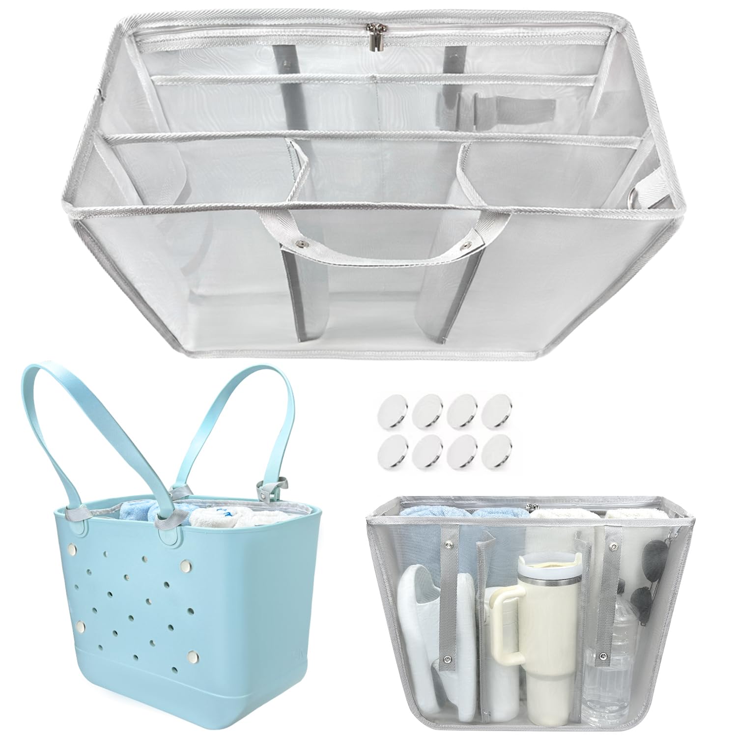 Beach Bag Organizer Insert with 8 Removable Metal Fasteners