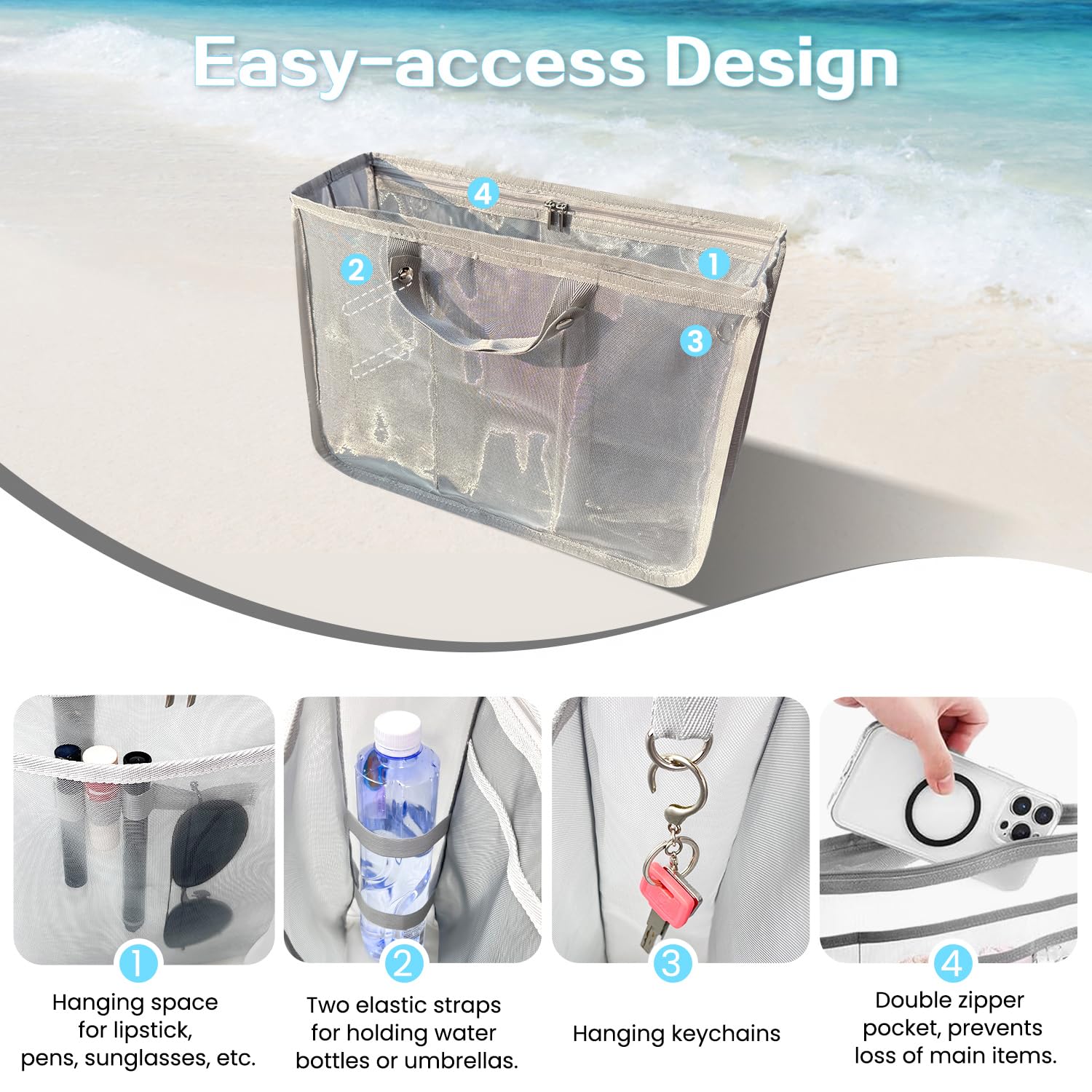 Beach Bag Organizer Insert with 8 Removable Metal Fasteners