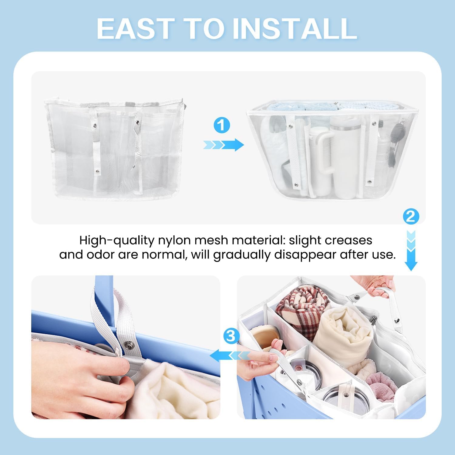 Beach Bag Organizer Insert with 8 Removable Metal Fasteners