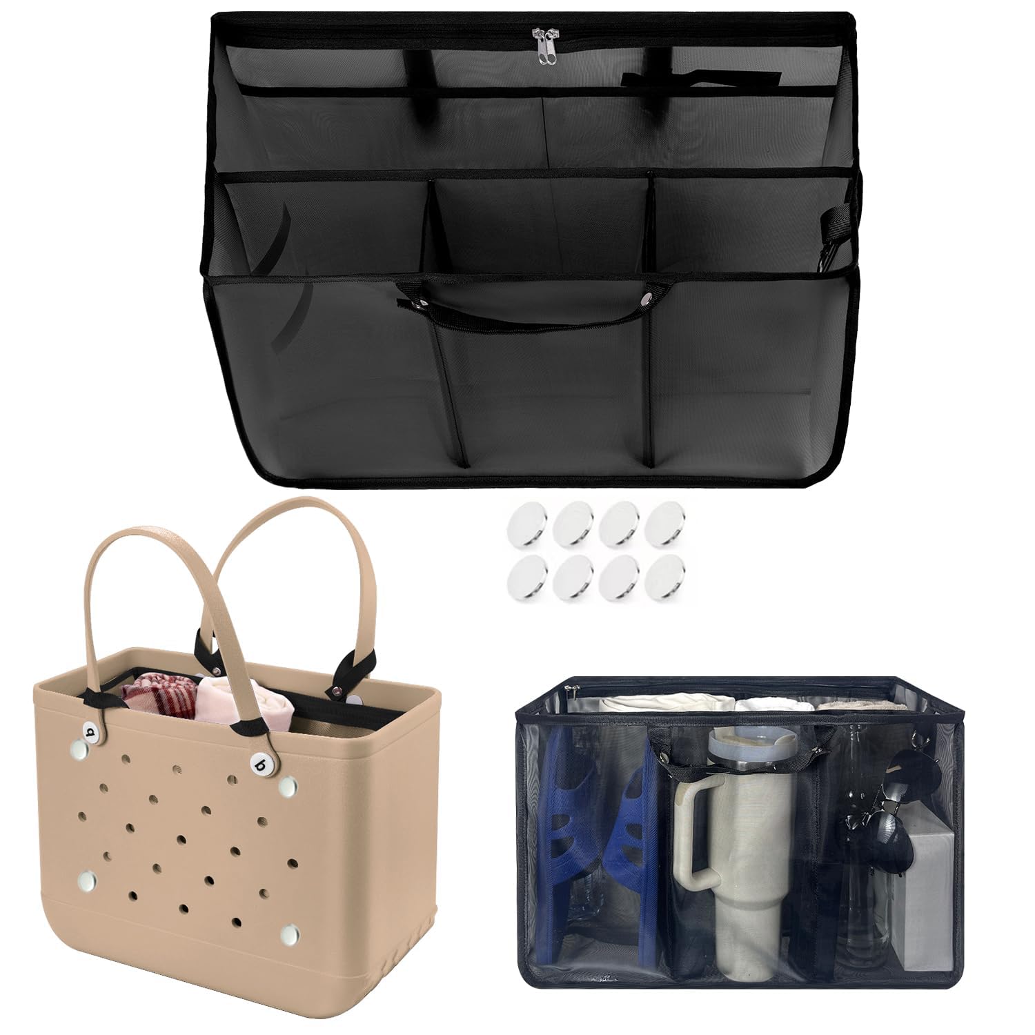 Beach Bag Organizer Insert with 8 Removable Metal Fasteners