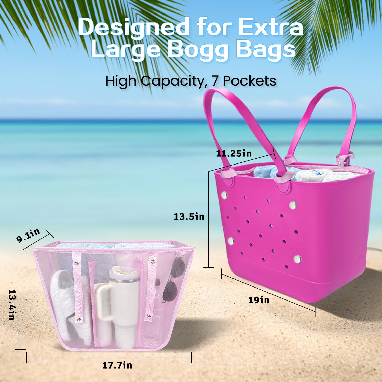Beach Bag Organizer Insert with 8 Removable Metal Fasteners