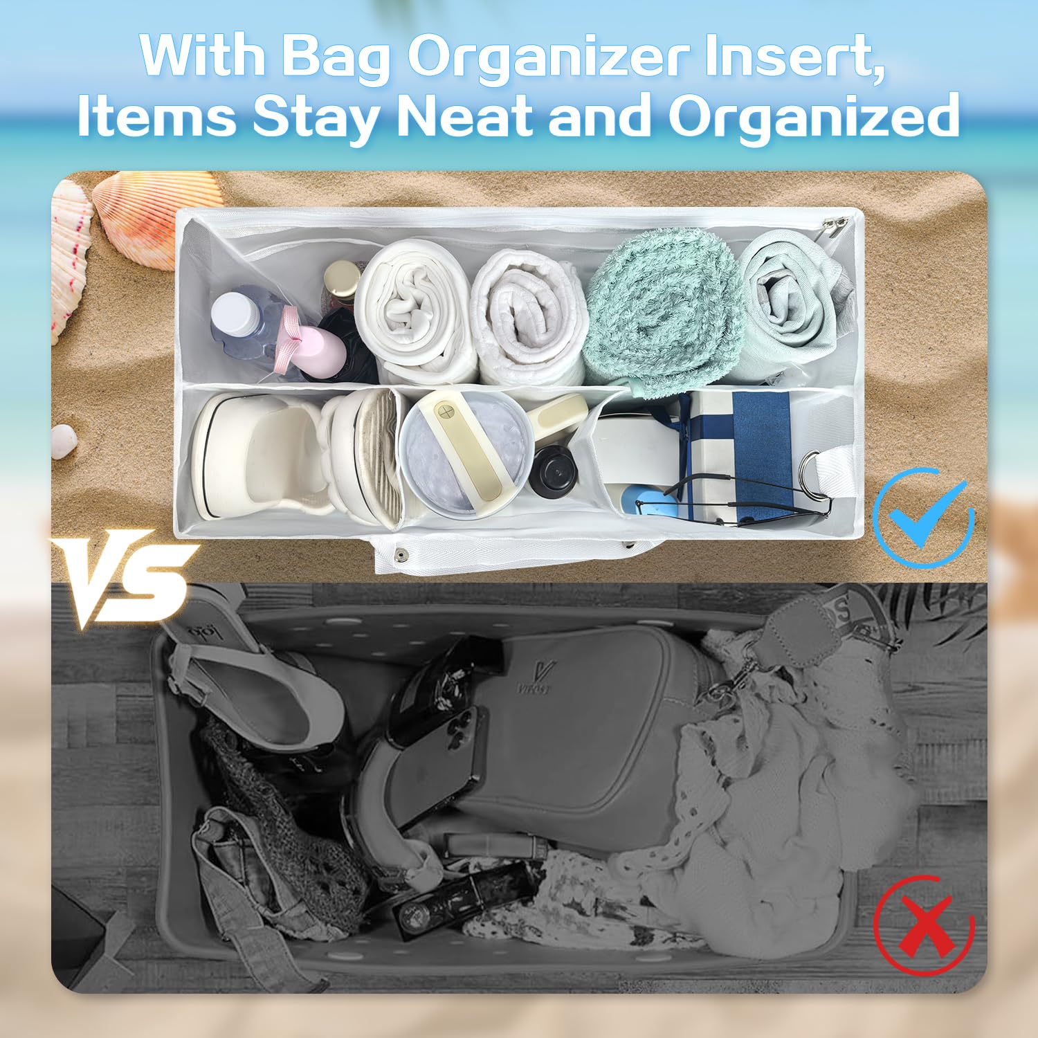 Beach Bag Organizer Insert with 8 Removable Metal Fasteners