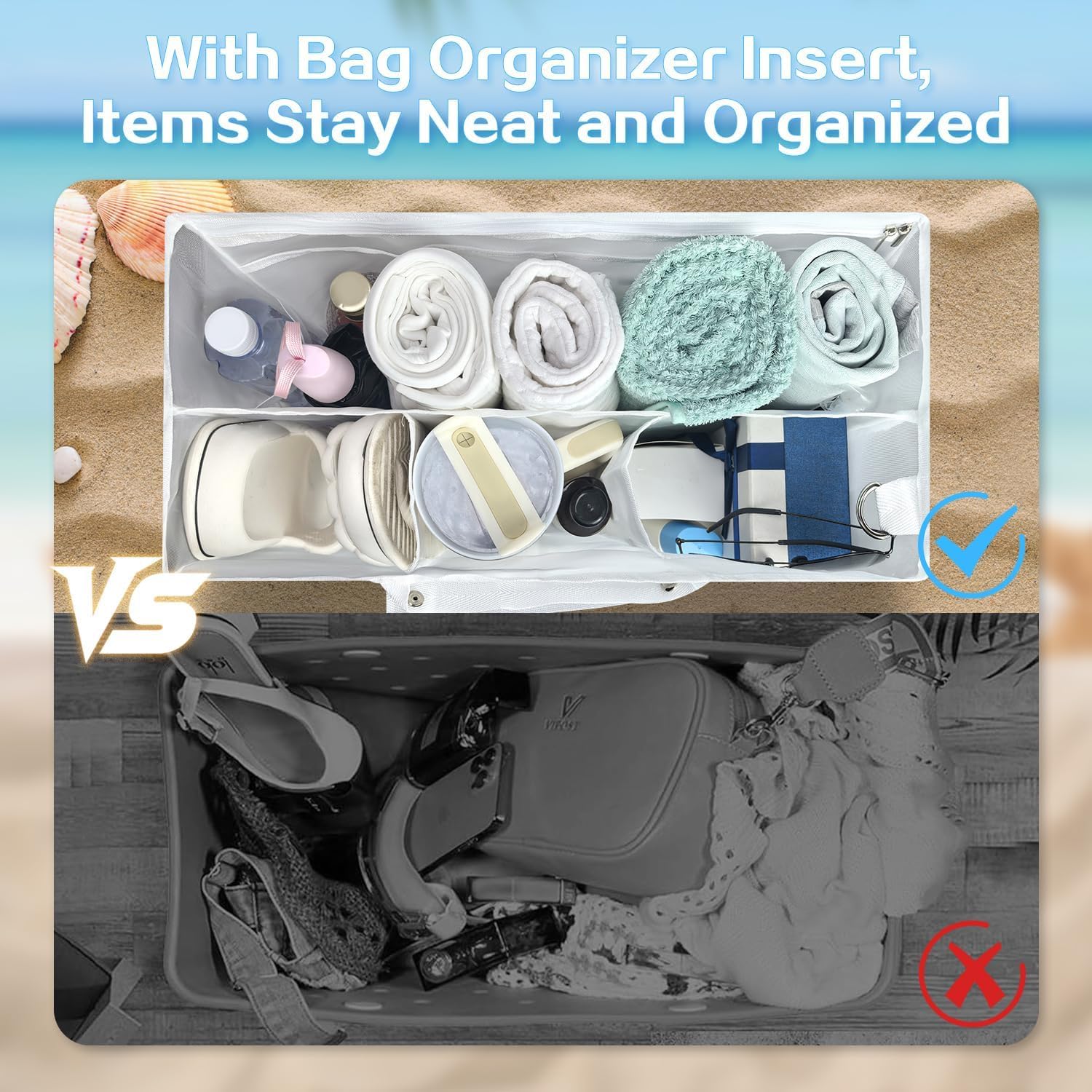 Beach Bag Organizer Insert with 8 Removable Metal Fasteners