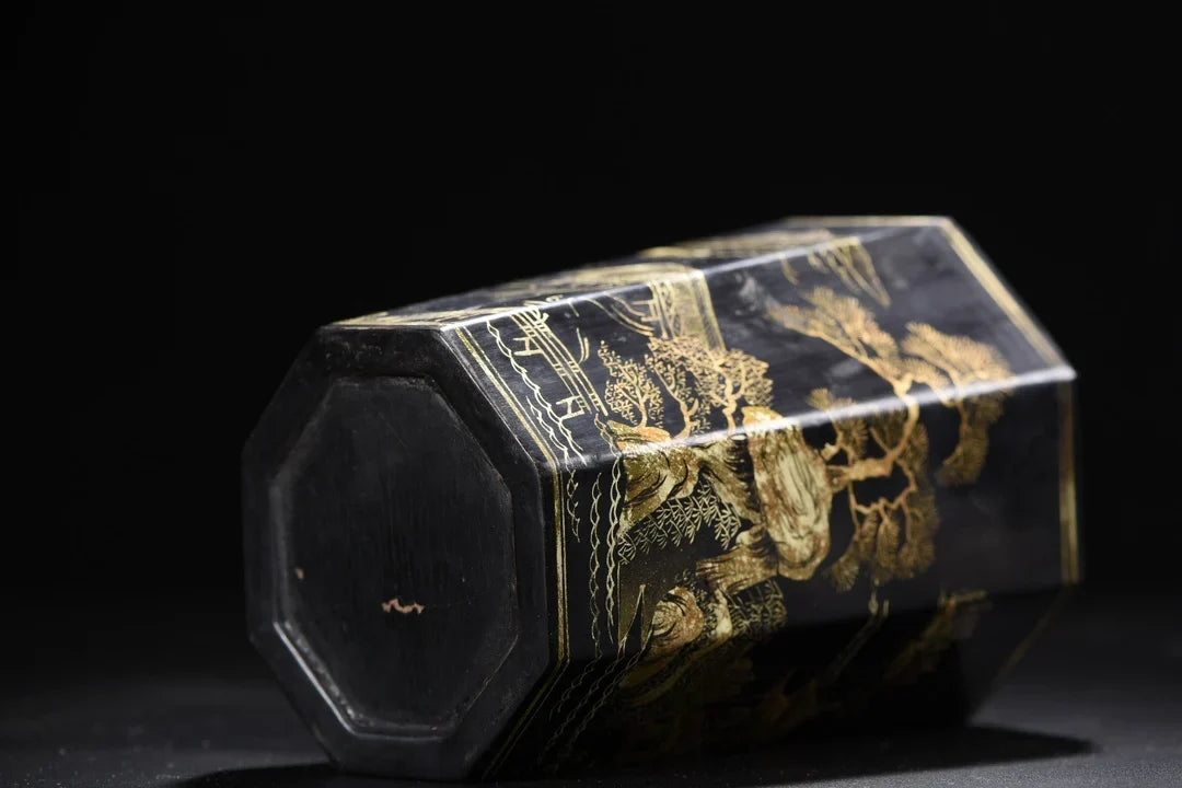 Nepalese Folk Lacquerware Pen Holder – Gold-Outlined Landscape Brush Pot (6")