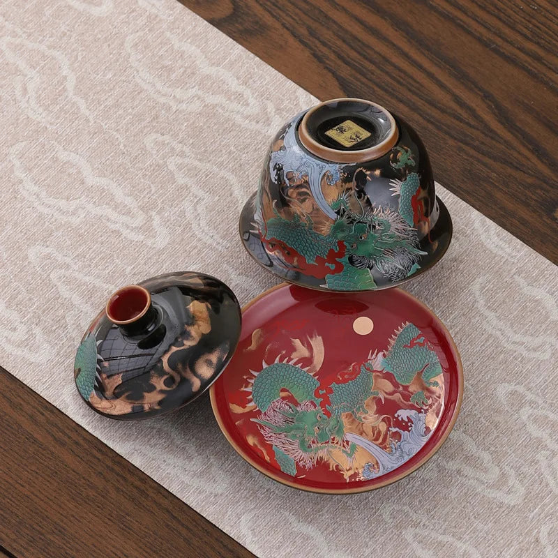Retro Color Enamel Ceramic Gaiwan Set – Chinese Sancai Porcelain Teaware