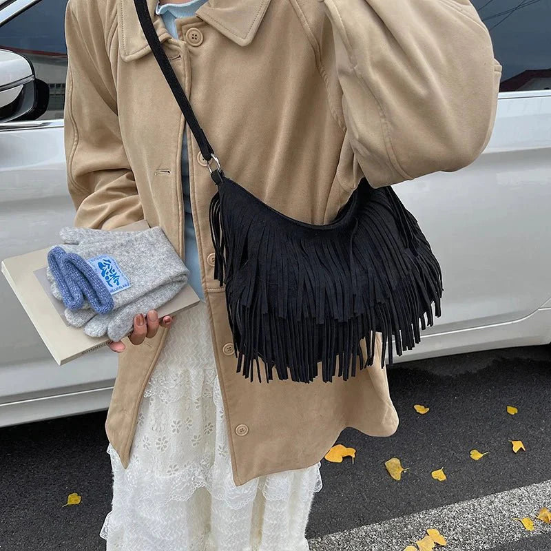 Boho Style Fringe Rivet Crossbody Bag