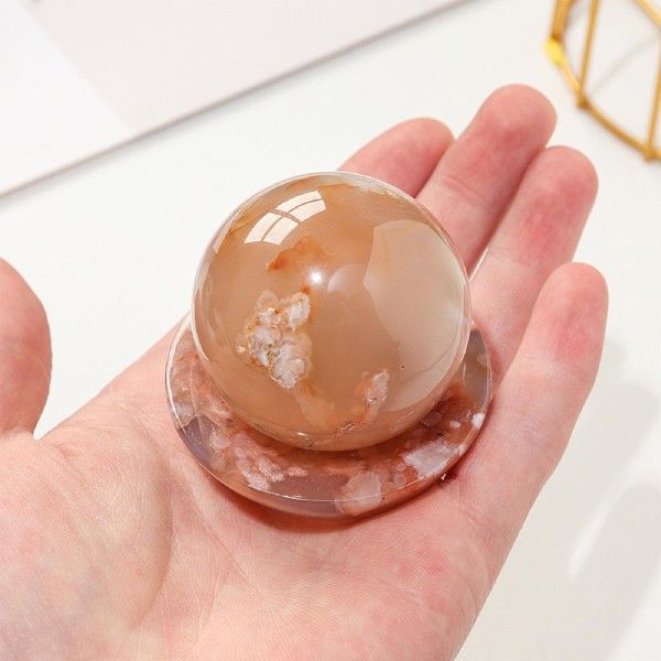 Natural Agate Gemstone Cherry Blossom Sphere with Display Bowl