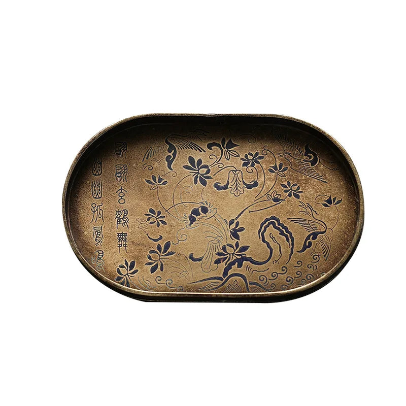 Imitation Bronze Teapot Pad – Painted “Brass” Plate Tea Tray with Seal-Cutting Motif