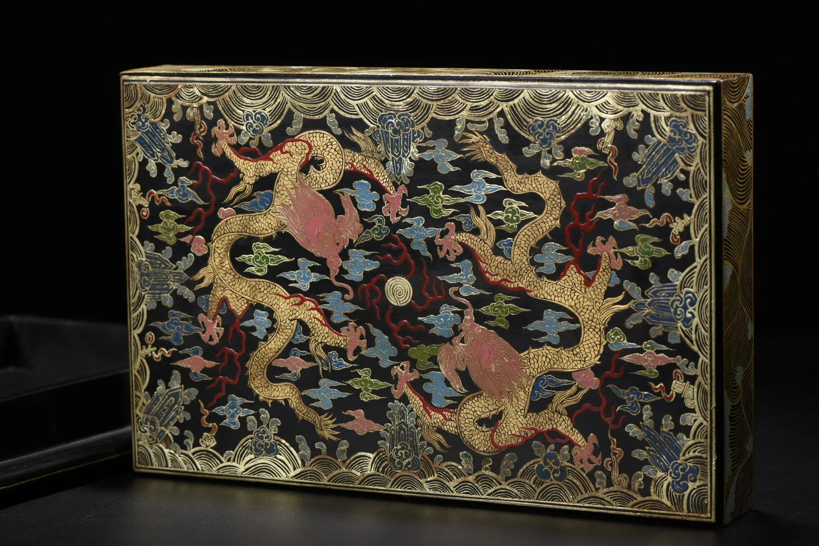 Old Wood Lacquer Wenfang Box – Gold-Outline Floral Dragon Storage