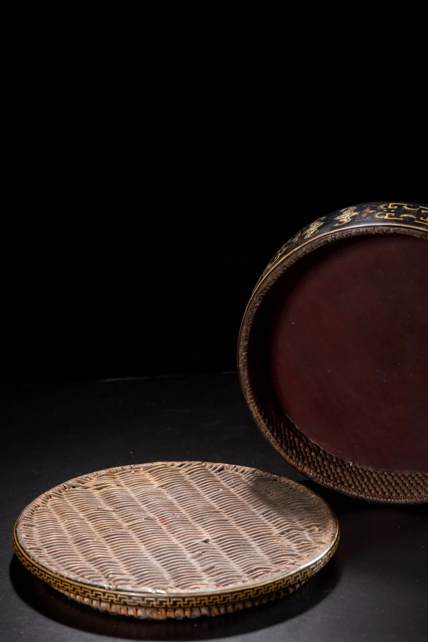 Old Wood Lacquerware Storage Box – Gold Floral & Bat Pattern (Study Wealth Ornament)