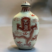 Early Collectible Snuff Bottle, Red Copper Body Enamel Double Dragon Design, Exquisite Craftsmanship,Cultural Hand Play Ornament