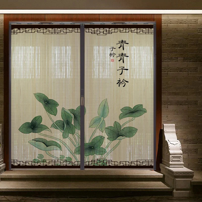 Printed Bamboo Sliding Door Partition Traditional Chinese Room Divider Foldable Screen