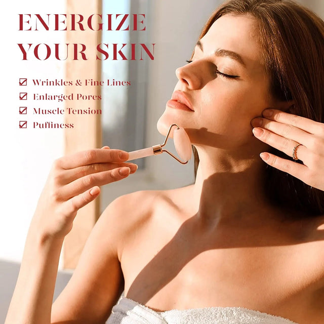 Jade Roller & Gua Sha, Natural Jade Face Roller Gua Sha Facial Tools Skin Care Massager, Pink