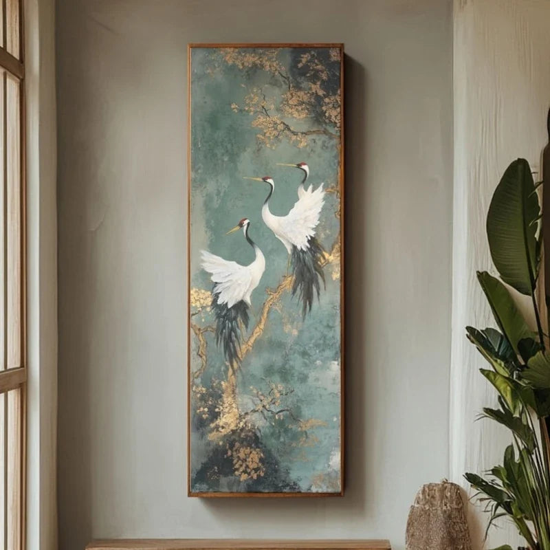 Japanese Style Golden Crane Decorative Poster, Luxury Canvas Painting Vertical Frameless Mural for Entrance Hallway