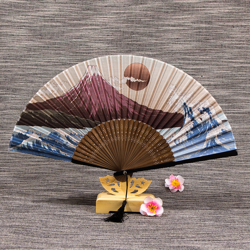 Matte Silk Bamboo Folding Fan with Tassel